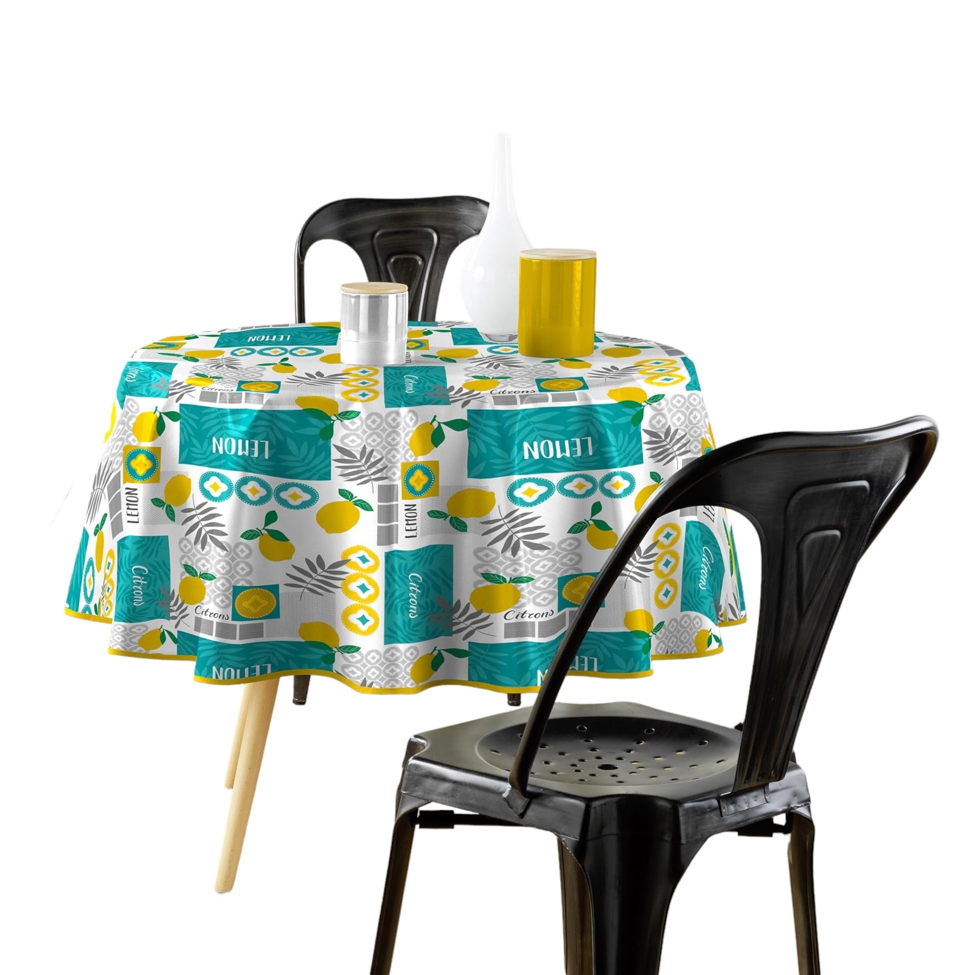Douceur d'Intérieur, Round Tablecloth Diameter 160 cm Citronnade PVC Printed