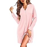Ekouaer Nightgowns for Women Button Down Night Shirt Long Sleeve Ribbed Knit V-Neck Sleepwear Pajama Dress