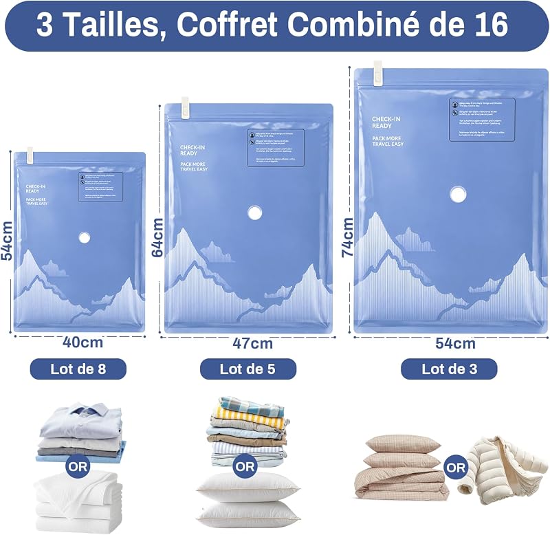 Sac sous Vide Vetement Aspirateur avec Pompe Électrique, 16 Sac de Rangement sous Vide (3 * 74x54cm, 5 * 64x47cm, 8 * 54x40cm), Sac sous Vide Voyage, Déménagement, Rangement