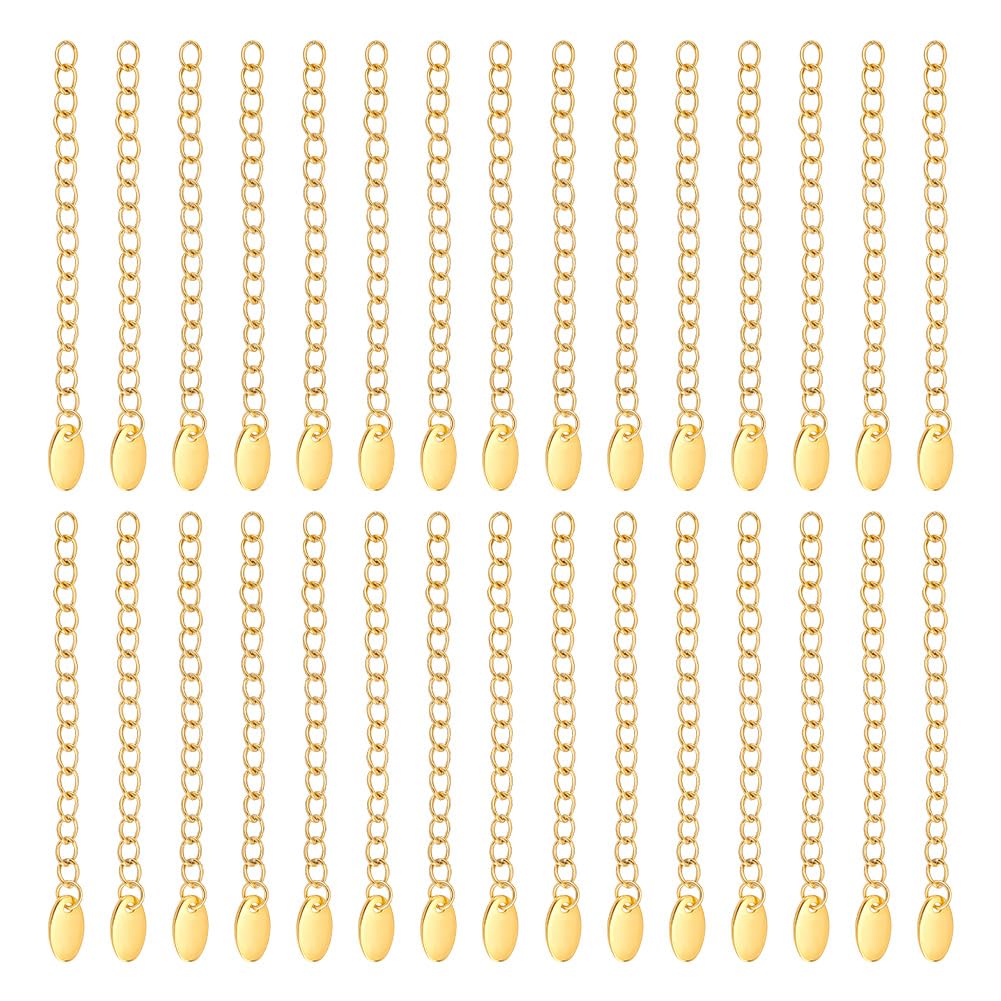 UNICRAFTALE about 30Pcs Curb Chain Extension with Oval Charms 58~68mm End Chains Vacuum Plating Golden Chains Stainless Steel Chain Extension Tails Bracelet Necklace Extension Chain for Jewelry Making