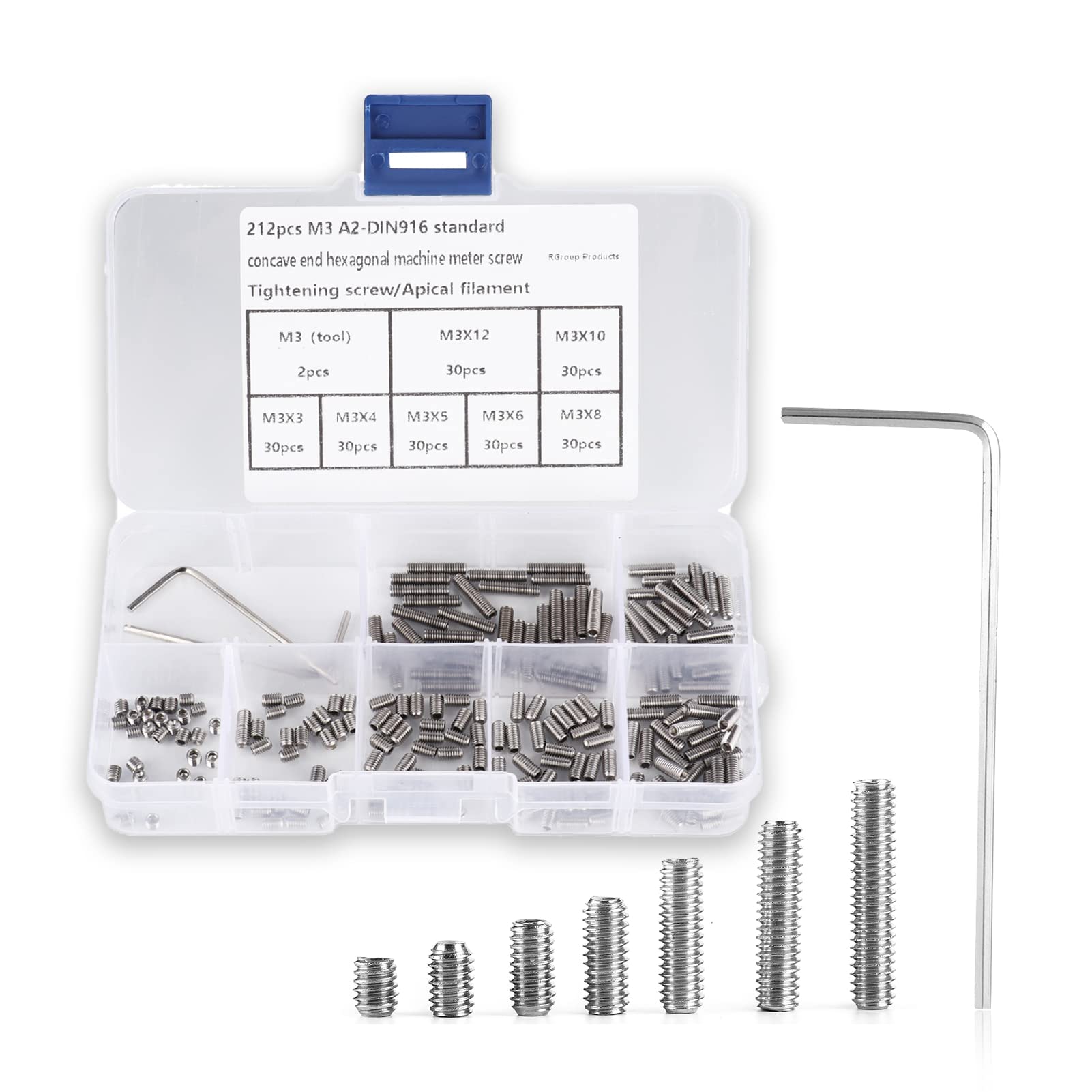 Fdit 212Pcs Allen Head Socket Set Screw, 304 Stainless Steel M3 x 3mm-12mm, Internal Hex Drive Grub Screw