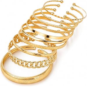 KISS WIFE Gold Bangle Bracelets for Women, Adjustable Stackable Cuff Set | Textured open cuff bangles combine slim, twisted a