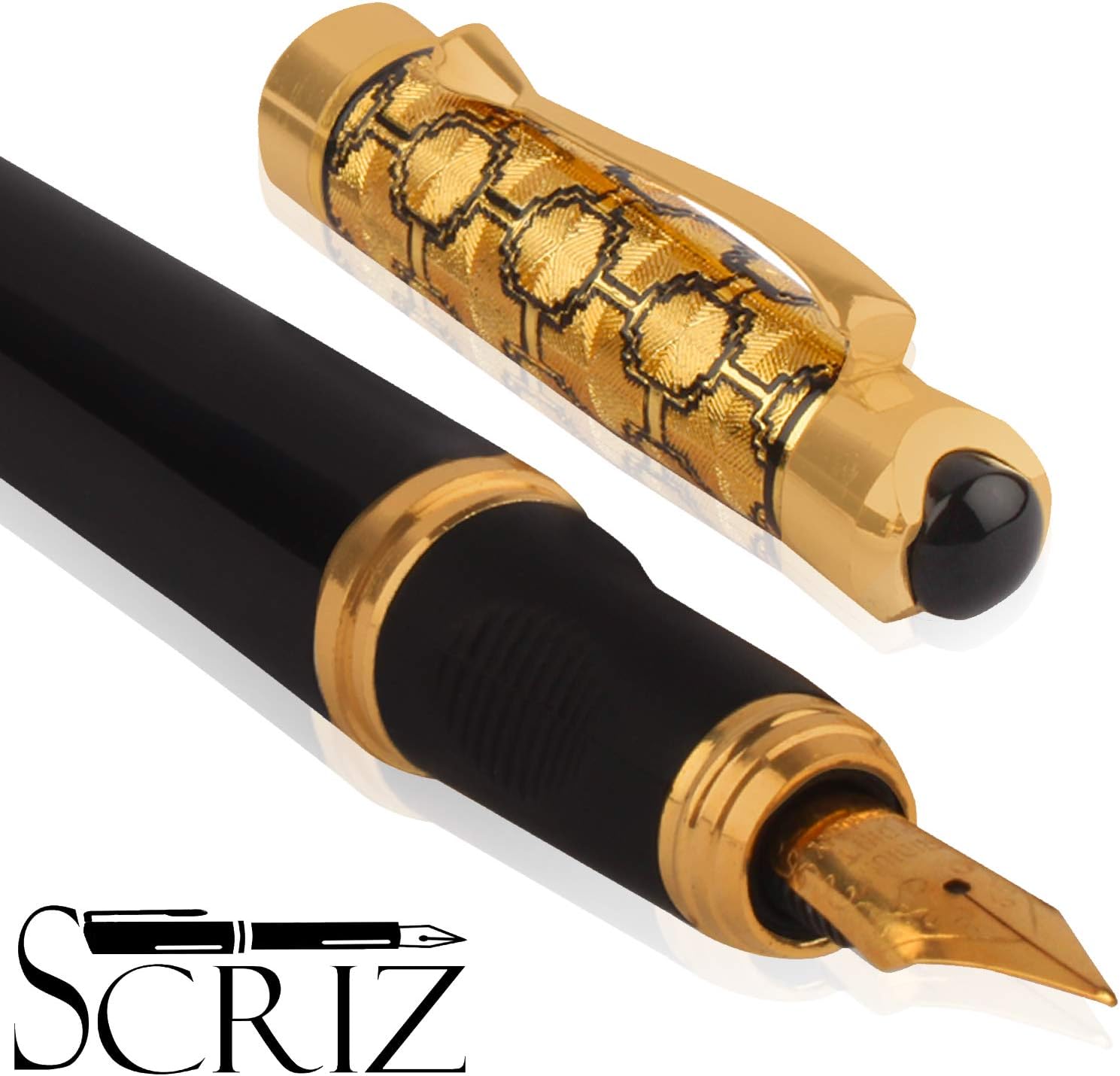 SCRIZ ®"Premier Collection" Black - Gold Engraved Metal Body With Genuine German Iridium Nib Fountain Ink Pen In Attractive Box (SZ-0049)