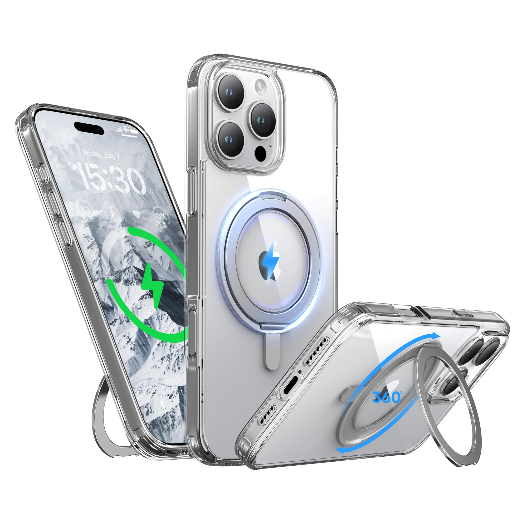 Niunisi Stand for iPhone 16 Pro Max Case, [Compatible with Mag Safe] 360° Rotatable Ring Holder Kickstand Military Shockproof Protective Case for iPhone 16 Pro Max 6.9 Inch, Clear
