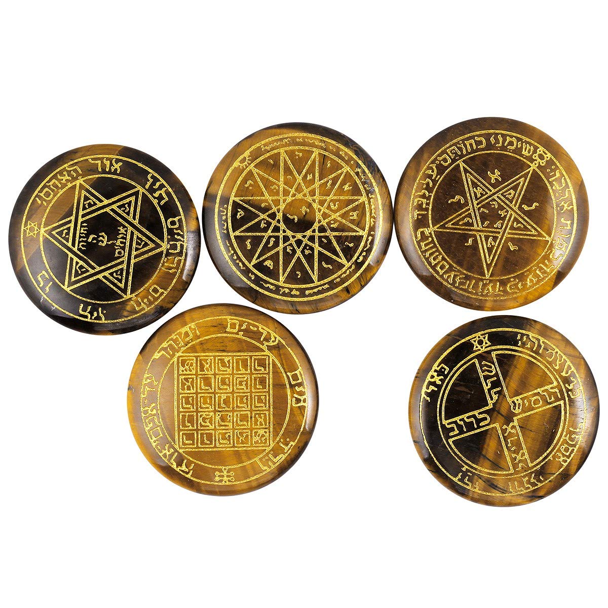 mookaitedecor Tiger's Eye Stone Witches Runes Set of 5, Healing Crystal Solomon Symbols Engraved Reiki Palm Stone Pagan Witch Room Decor Witchcraft Decor Wiccan Gifts for Meditation Amulet Talismans — image 1