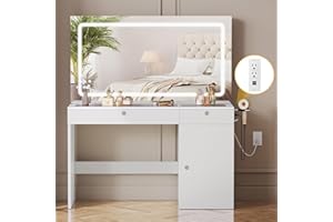 DWVO 47" W Vanity Desk with LED Light and Power Outlets, Large Makeup Vanity with Dividers and Hair Dryer Rack, 3 Level Storage Dresser Makeup Vanities Dressing Table for Bedroom, White