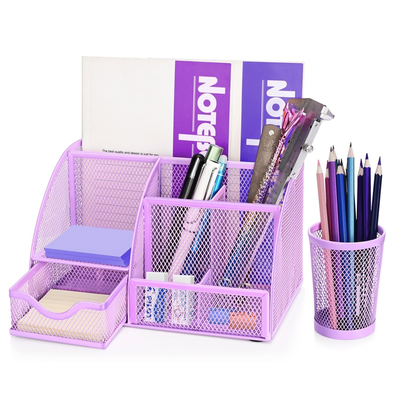 Flexzion Desk Caddy Organizer Set (Purple) - Metal Mesh Desktop Caddy with Drawers, 6 Compartments, and Pencil Holder for Women & Men - Desktop Organizer and Storage for Work or Office Supplies