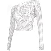Jokesky Rhinestone Crystal Crop Top, Long Sleeve Mesh Body Chains, See Through Mesh Diamond Fishnet Shirts Outfits