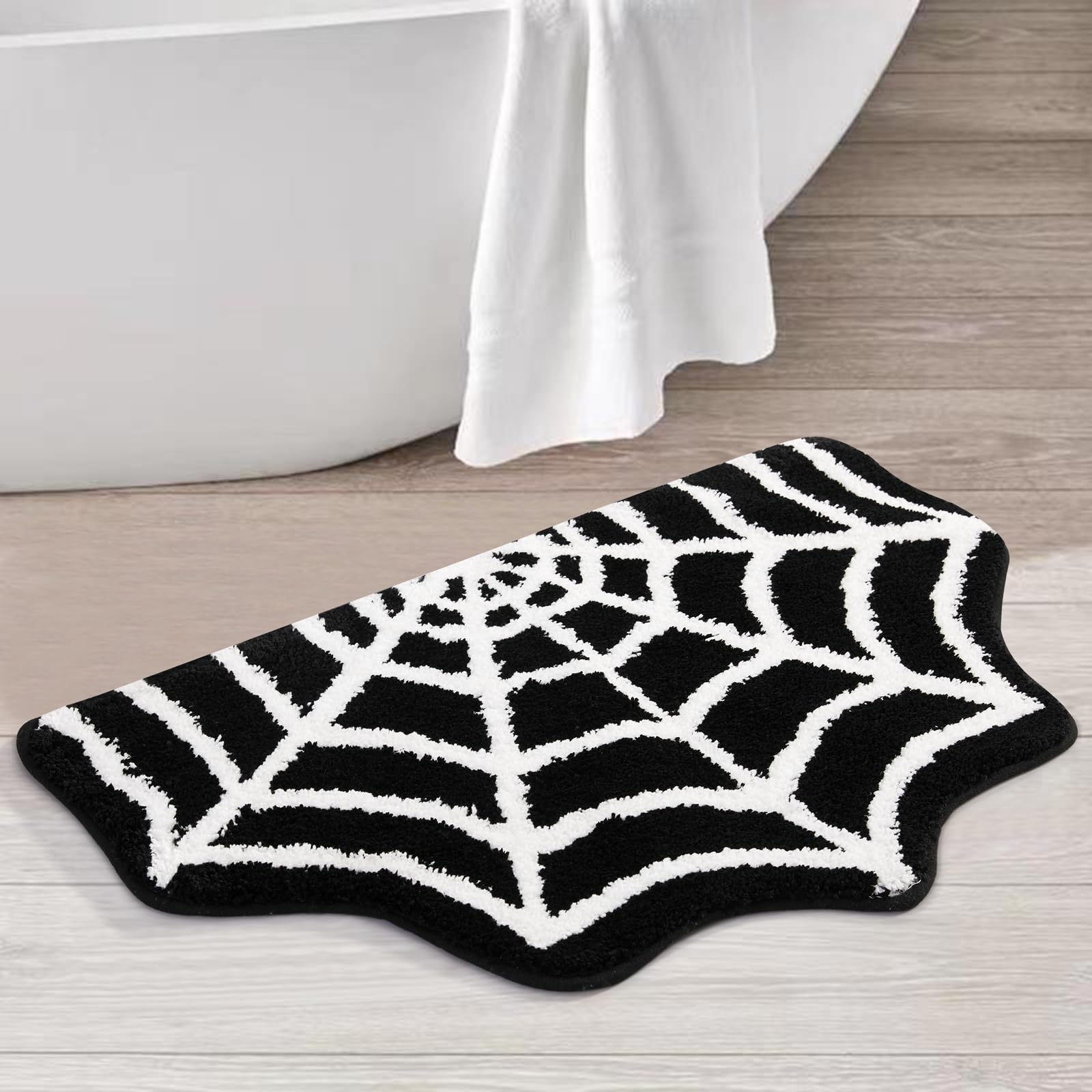 Photo 1 of Estmy Gothic Bath Mat Spider Web Black Halloween Bathroom Rugs Non Slip Washable, 16x24 Funky Spooky Cute Fun Bath Mat Shower Rugs Halloween Bathroom Decor Ultra Soft Great Absorbency