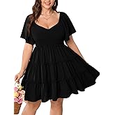 SHESTARR Womens Plus Size Casual Mini Dress Sweetheart Neckline Short Flutter Sleeve Smocked A Line Tiered Ruffle Dresses