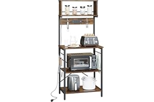Bestier Bakers Rack with Power Outlets, Height Adjustable Microwave Stand, Kitchen Storage Shelf Rack with 8 S-Shaped Hooks, Coffee Bar Table 5 Tiers Rustic