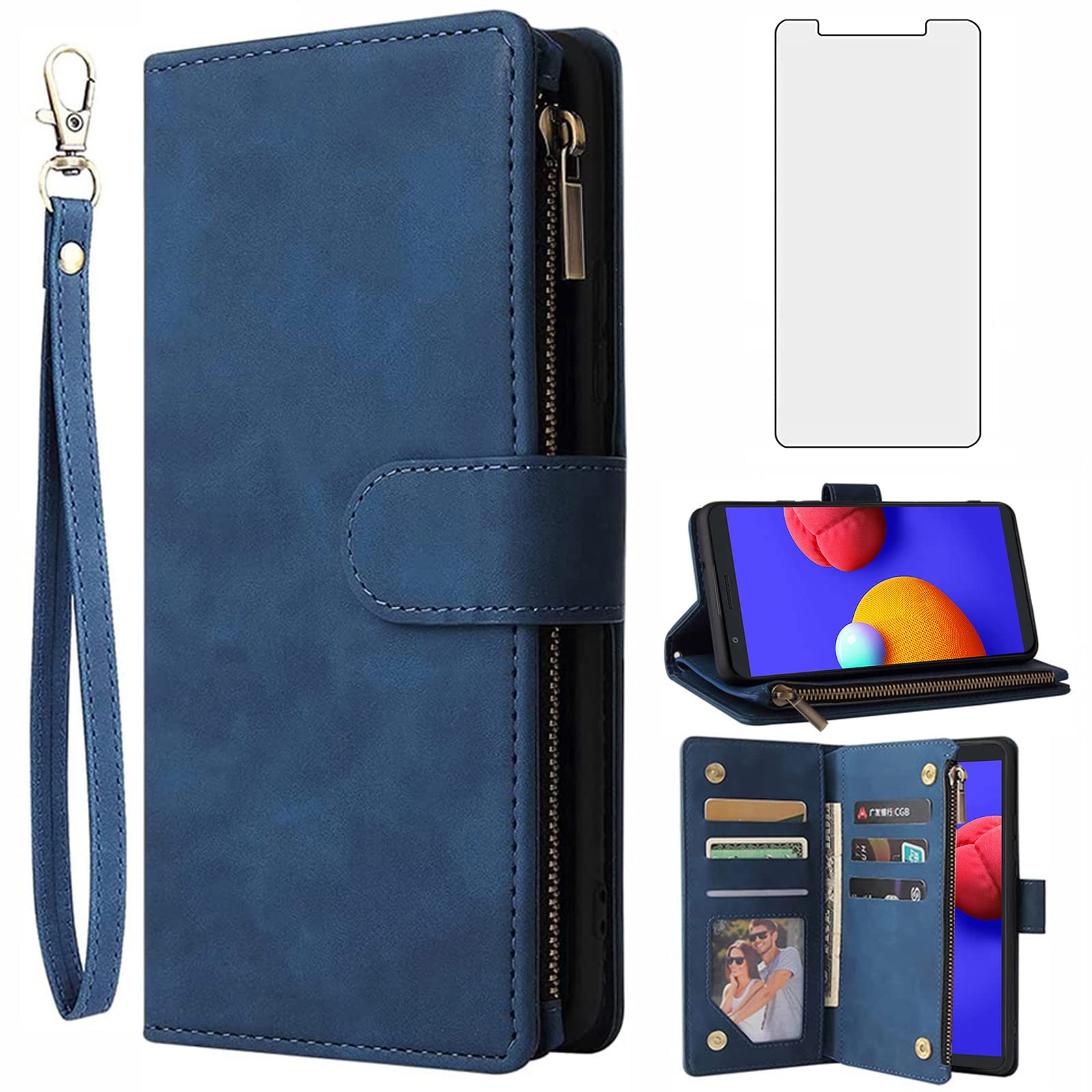 Asuwish Compatible with Samsung Galaxy A01 Core Wallet Case Tempered Glass Screen Protector and Leather Flip Cover Card Holder Stand Cell Accessories Phone Cases for Glaxay A 01 01A Women Men Blue