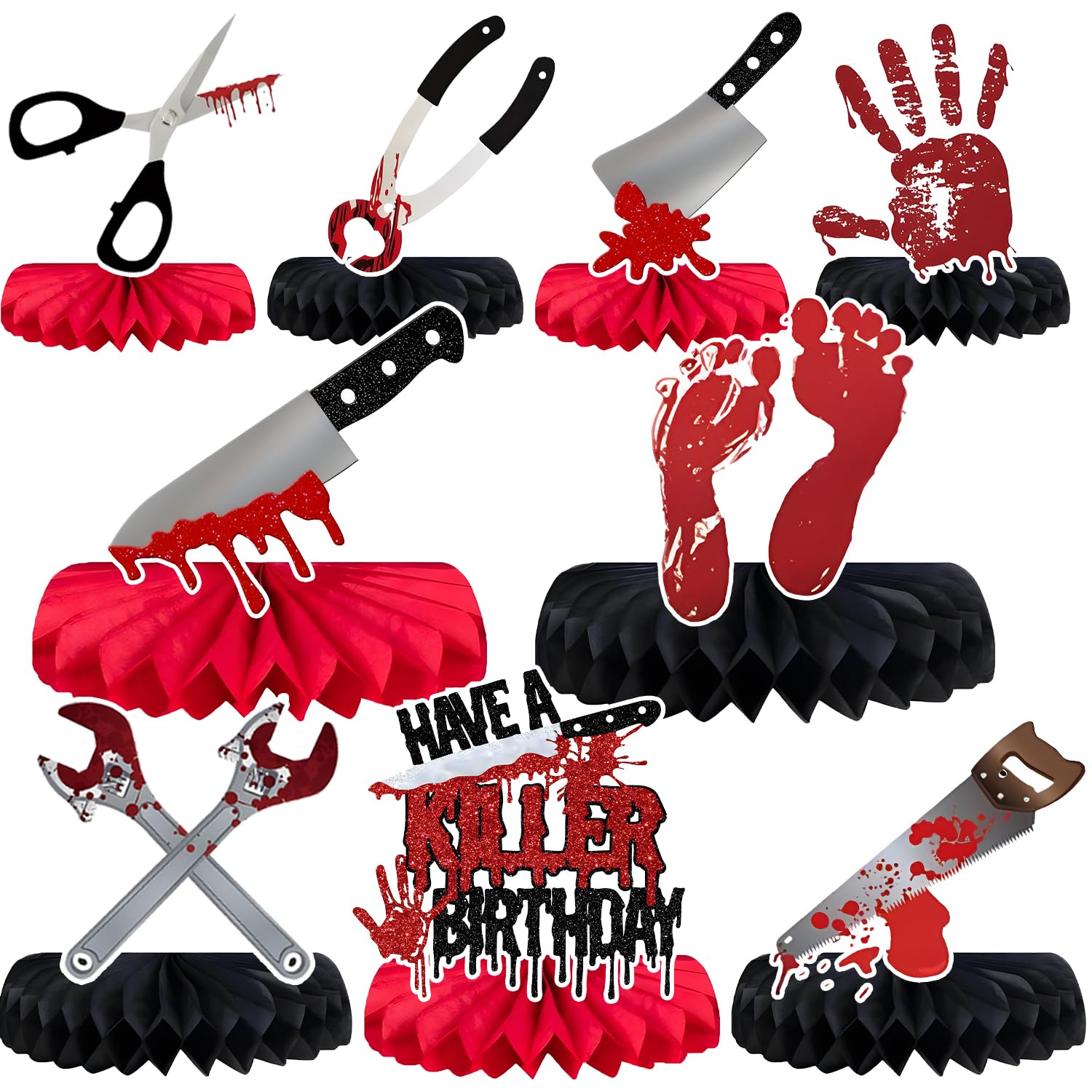Photo 1 of 9PCS Have a Killer Birthday Party Decoration, Halloween Horror Theme Honeycomb Centerpieces Horror Blood Knife Party Supplies Bloody Horror Movie Party Decor Zombie Vampire Table Decorations