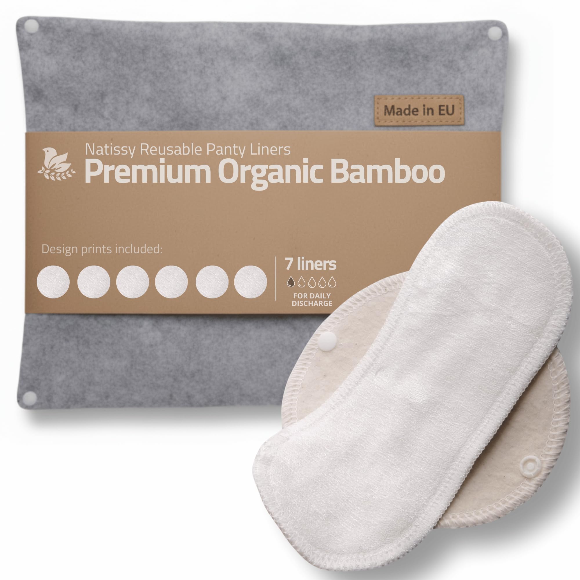 Natissy Reusable Panty Pads; 7-Pack (S) Organic Bamboo Liner Made in EU; Washable Sanitary Pads Without PUL; Fabric for Daily Use and White Flow, NOT for Menstruation