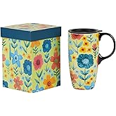 Topadorn Ceramic Coffee Mug Travel Cup Gift with Lid 17oz., Porcelain Tall Tea Cup with Handle for Home & Office, Green Floral Art Pattern Mug with Gift Box, 6.5''H