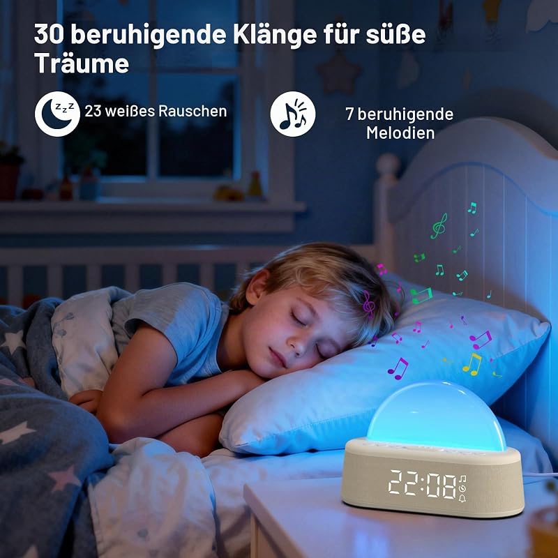 Tageslichtwecker, Lichtwecker Sonnenaufgang Wecker mit Licht, Wecker Digital mit Alarme und Snooze, White Noise Machine mit 30 Weißes Rauschen,Nachttischlampe mit 20 Helligkeit,8 Farblicht,Sleep Timer
