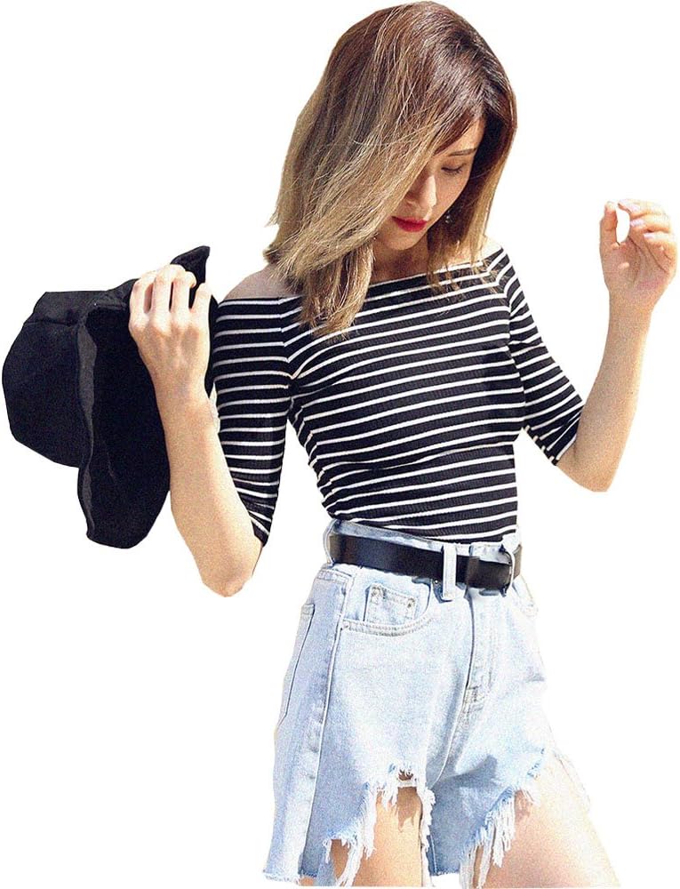 IFUNLE Womens Summer Slim Fitted Off Shoulder Blouse Elbow Sleeve Stretch Casual Top Sexy Modal Basic T-Shirt (Medium, Elbow Sleeve - big stripe)