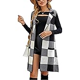 UANEO Womens Sleeveless Cardigans Long Plaid Sweater Vest Knitted Open Front Jackets with Pockets