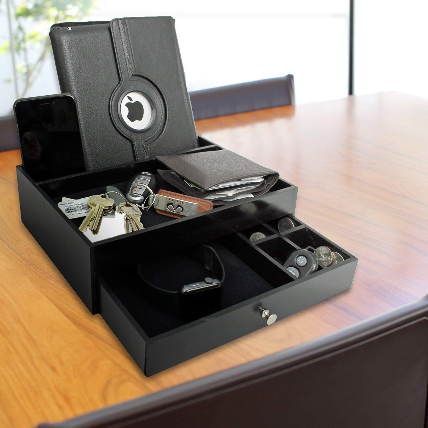 Amazon Com Valet Drawer Charging Station Black Nightstand Organizer Wallet And Key Tray Holds Watches Jewelry Tablet 5 Compartment Cell Phone Holder For Men And Women Home Improvement