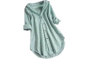 Womens Striped Cotton Linen Blouses Oversized Button Down Casual Long Sleeve Tunic Shirts Loose Fit Collared Work Tops