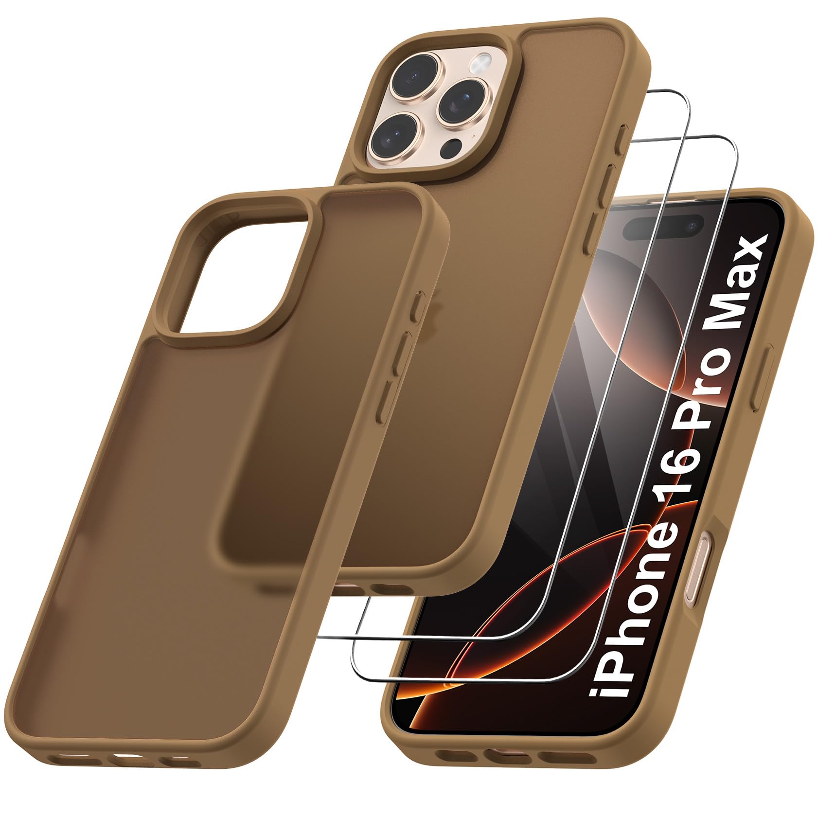Qasyfanc Matt Cover Case Compatible with iPhone 16 Pro Max 6.9" with 2 Pack Tempered Glass Screen Protector, Non-Yellowing Shockproof Phone Bumper Cover Hard PC Anti-Scratch Case Brown