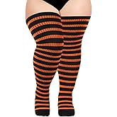 Moon Wood Plus Size Thigh High Socks for Women Knit Cotton Extra Long Striped Over the Knee High Socks Leg Warmers