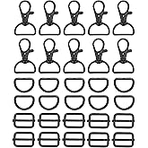 WAFJAMF Metal Snap Hook Ring Bulk 30 Pcs, Swivel Clasp Buckle and Non-Welded D Ring 10 Pcs, Adjustable Rectangular Buckle (1' Inside Width Black)