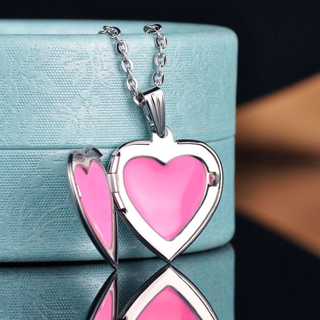 Yumilok Stainless Steel Double Hearts Engraved Pink Open Heart Photo Locket Memory Pendant Necklace for Women/Girls/Couples - Image 5