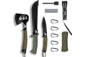 Mossy Oak Axe and Fixed Blade Knife with Sheath, One-Piece Camping Hatchet and Hunting Knife with Rope Handle, Includes Zooma