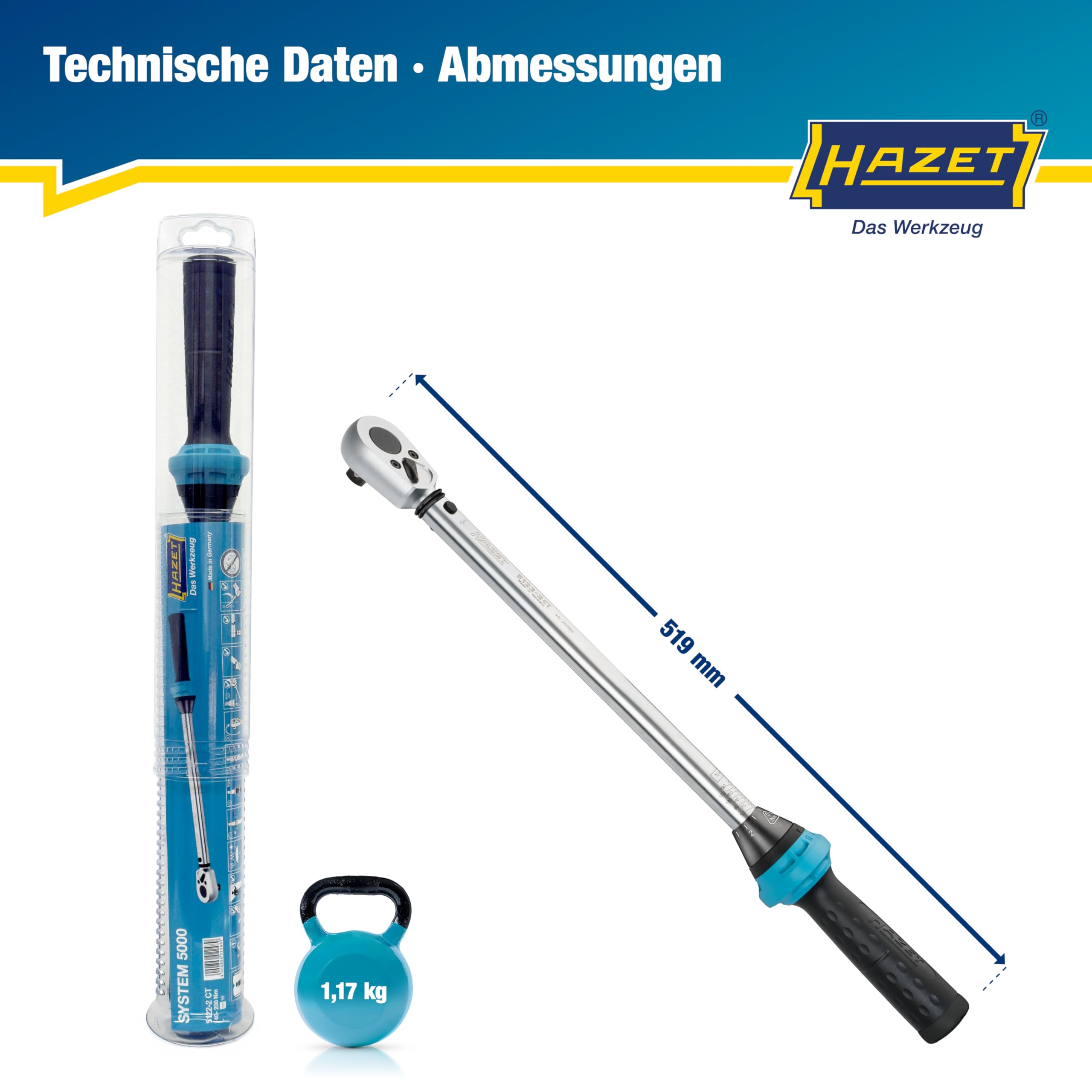 Hazet Drehmomentschlüssel 5122-2CT I Abtrieb: Vierkant 12,5 mm, 1/2 Zoll, Toleranz: 4%, 32 Zähne Betätigungswinkel 11,25 Grad I anwenderfreundliche Umschaltknarre für Auto und Fahrrad I 519mm 7