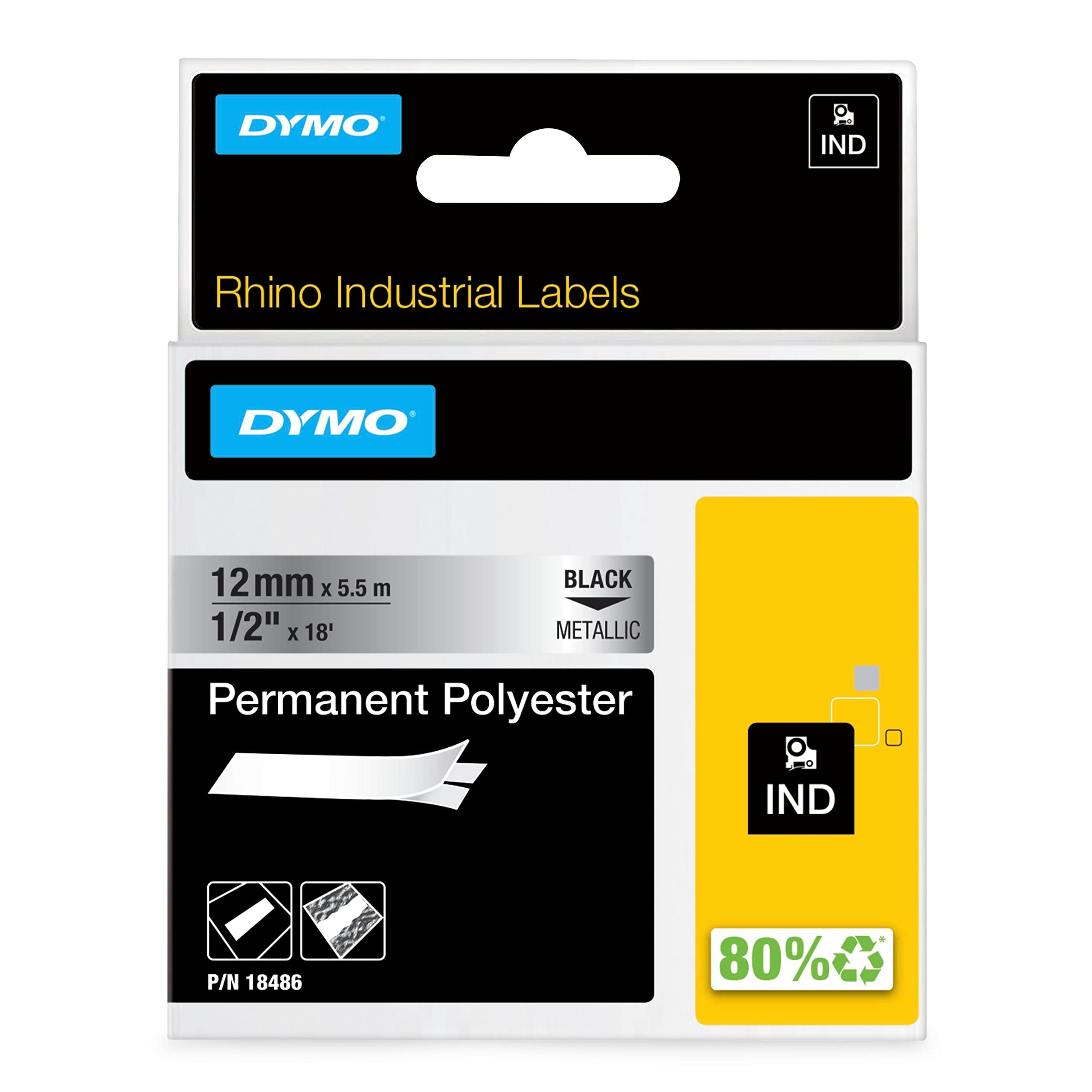 DYMO Rhino Industrial Permanent Polyester Labels | 12mm x 5.5m | Black Print on Metallic | for Rhino & LabelManager Label Makers