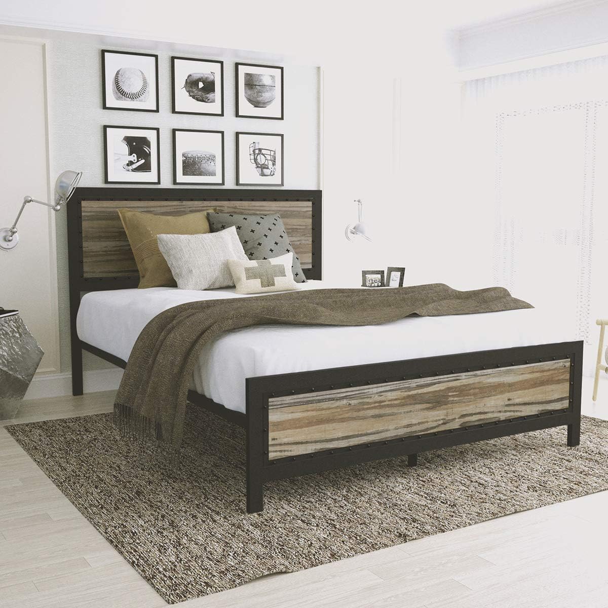 Amooly Queen Metal Bed Frame with Wood Headboard Platform Bed Frame/Strong Slat Support/Easy Assembly/Box Spring Optional