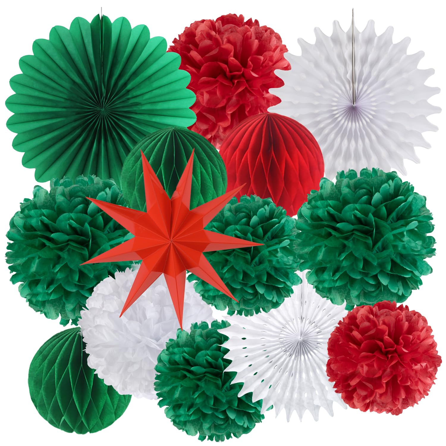 Paper Christmas Decorations, Christmas Ceiling Decorations Red Xmas Stars Paper Fans Honeycomb Balls Pom Poms Hanging Decoration for Xmas Winter Home Ceiling Wall Decor