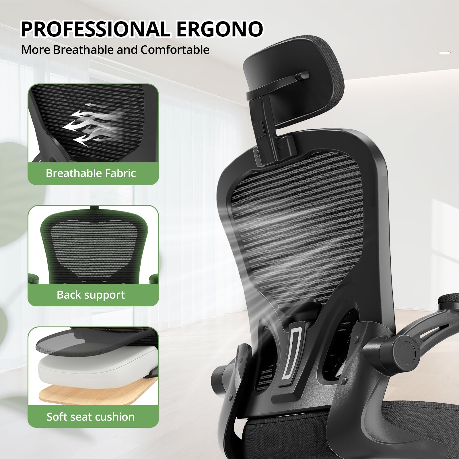 Silla de Oficina Silla de Escritorio Ergonómica, Capacidad de 330 Libras, Silla de Computadora con Respaldo Alto para Largas Horas Cómoda, Silla de Trabajo Ejecutiva Giratoria con Ruedas para Oficina en Casa con Reposabrazos Abatibles, Negro