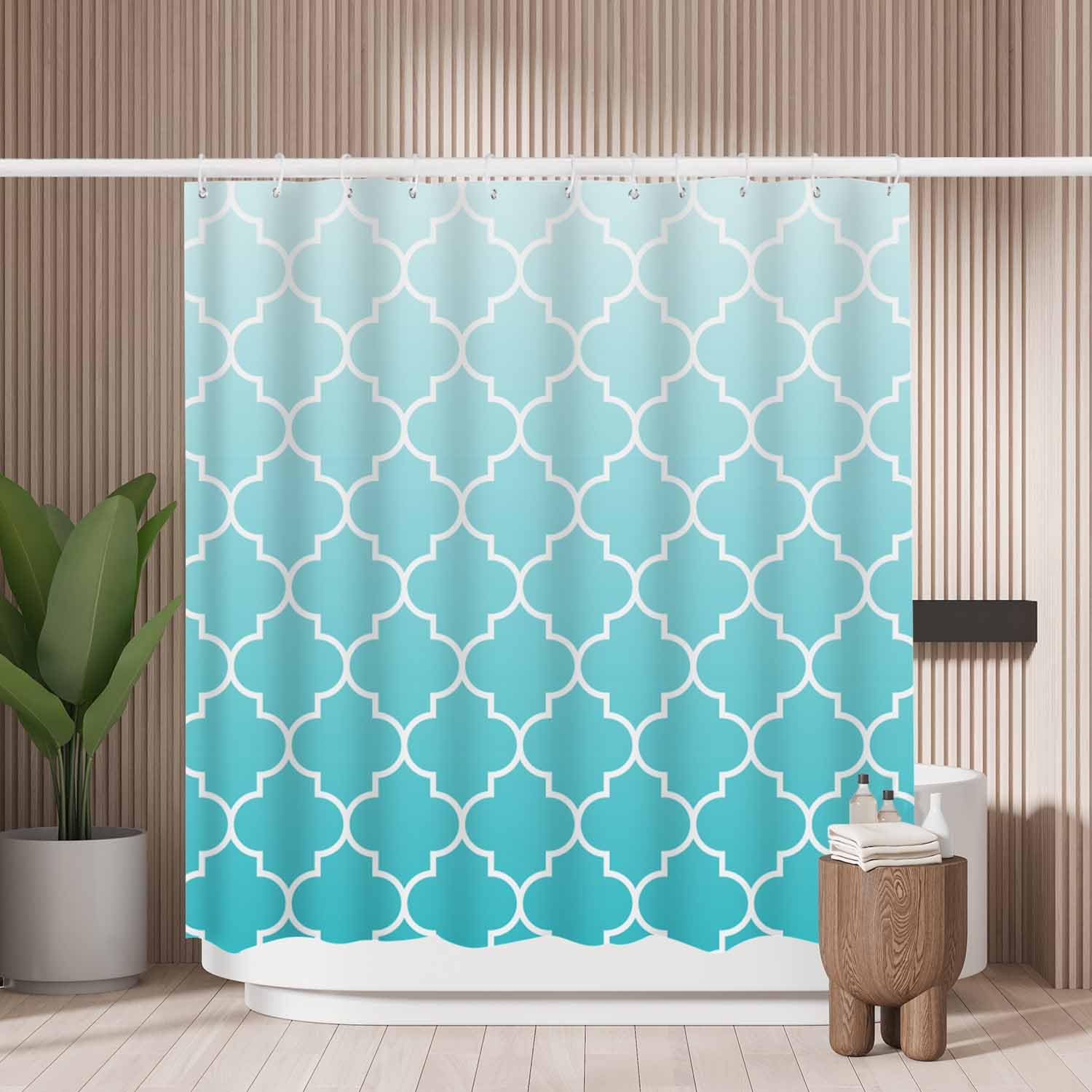 Woutay Shower Curtain Water Repellant Fabric Blue Geometric Tile Pattern,Mould Proof Resistant,Polyester,with 12 Plastic Hooks