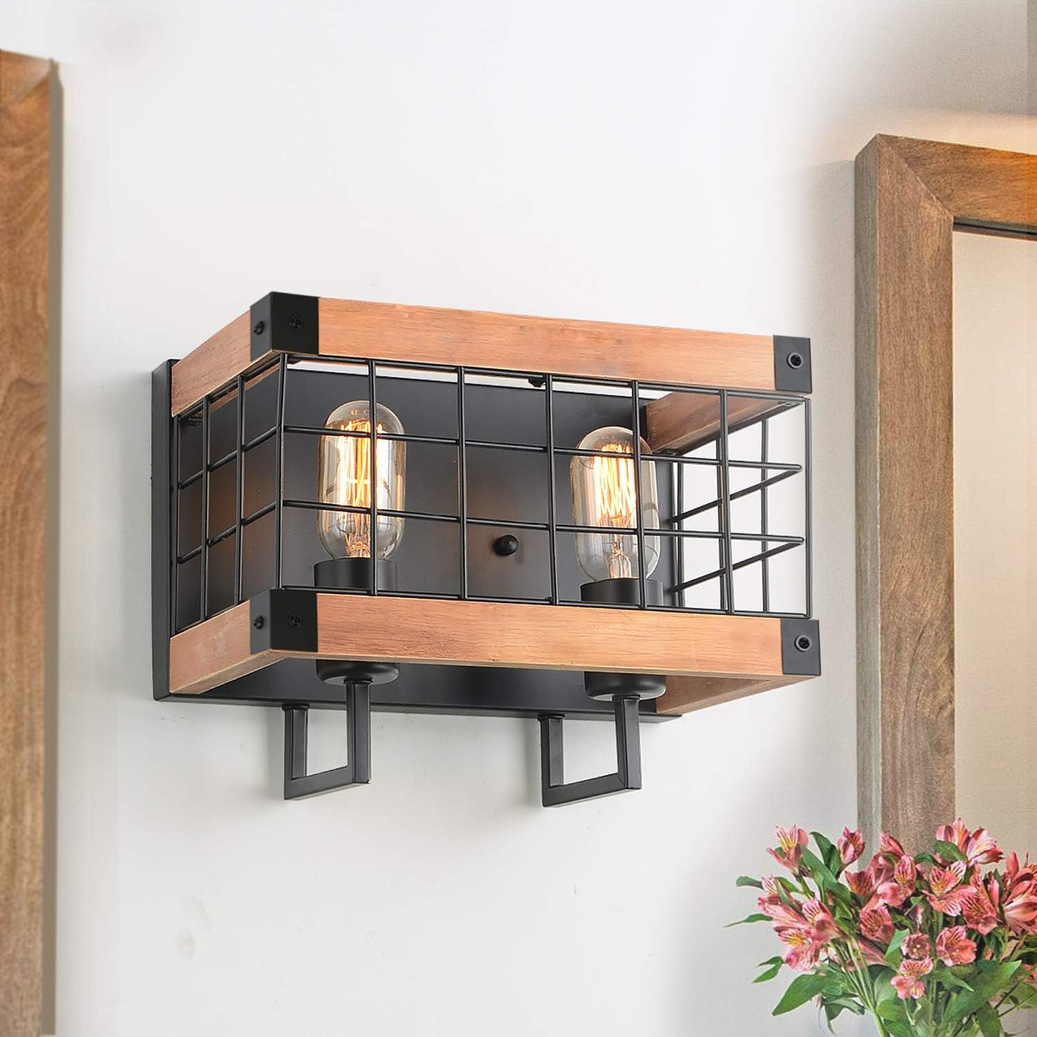 Anmytek Rectangle Wood Wall Lamp with Iron Mesh Cover Industrial Wall Sconce Black Finish Vintage Stylish Bathroom Lighting Log Cabin Home Retro Edison Sconce Lighting Fixtures 2-Lights (W0044)