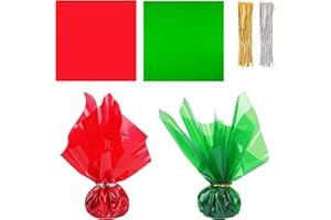 Shitailu 200Pcs Cellophane Sheets Christmas Plastic Wrap 2 Mix Colors Translucent Holiday Color Green, Red for Easter X-Mas Valentines DIY Craft Present Wrap Treats, Baskets, 12 x 12 inch (Christmas)