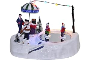MerryPulse Christmas Village Ice Skating Pond Musical Animated Christmas Village Skating Rink Colorful Xmas Decorations Collectible Building