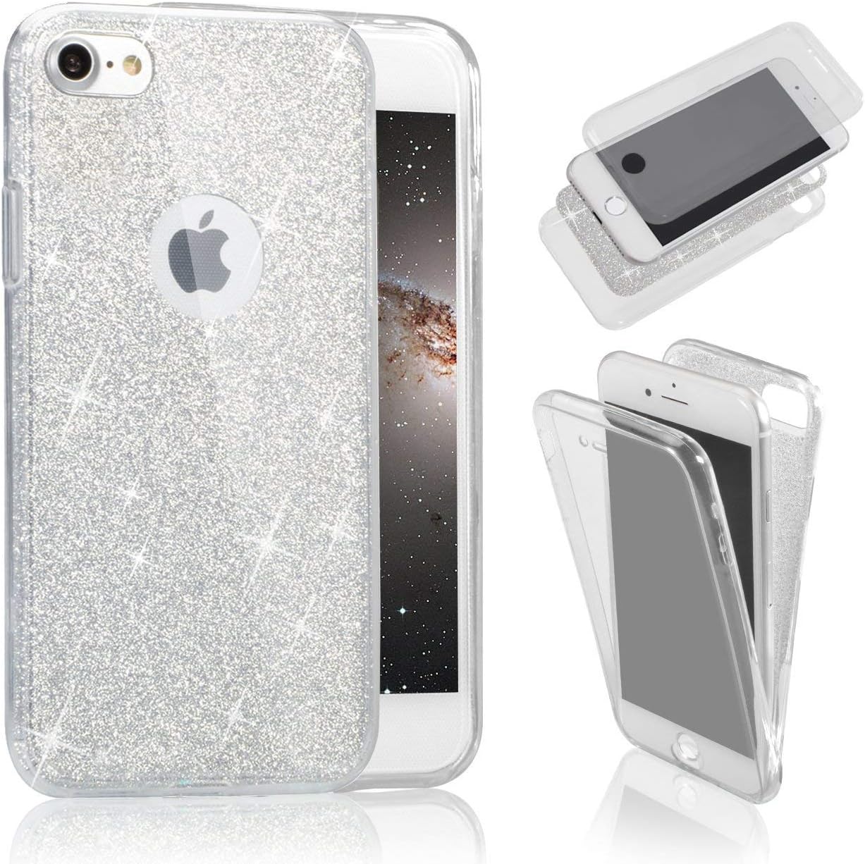 KeKeYM 360 Degree Glitter Bling Shiny Case for iPhone 6S, Slim Shockproof Full Body TPU Silicon Gel Case Cover Front + Back 3 Pieces Cover for iPhone 6 4.7" - White