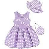 Renotemy Infant Toddler Girl Summer Dress Sleeveless Bow Bubble Sundress Formal Party Dresses Clothes Outfit with Hat and Bag