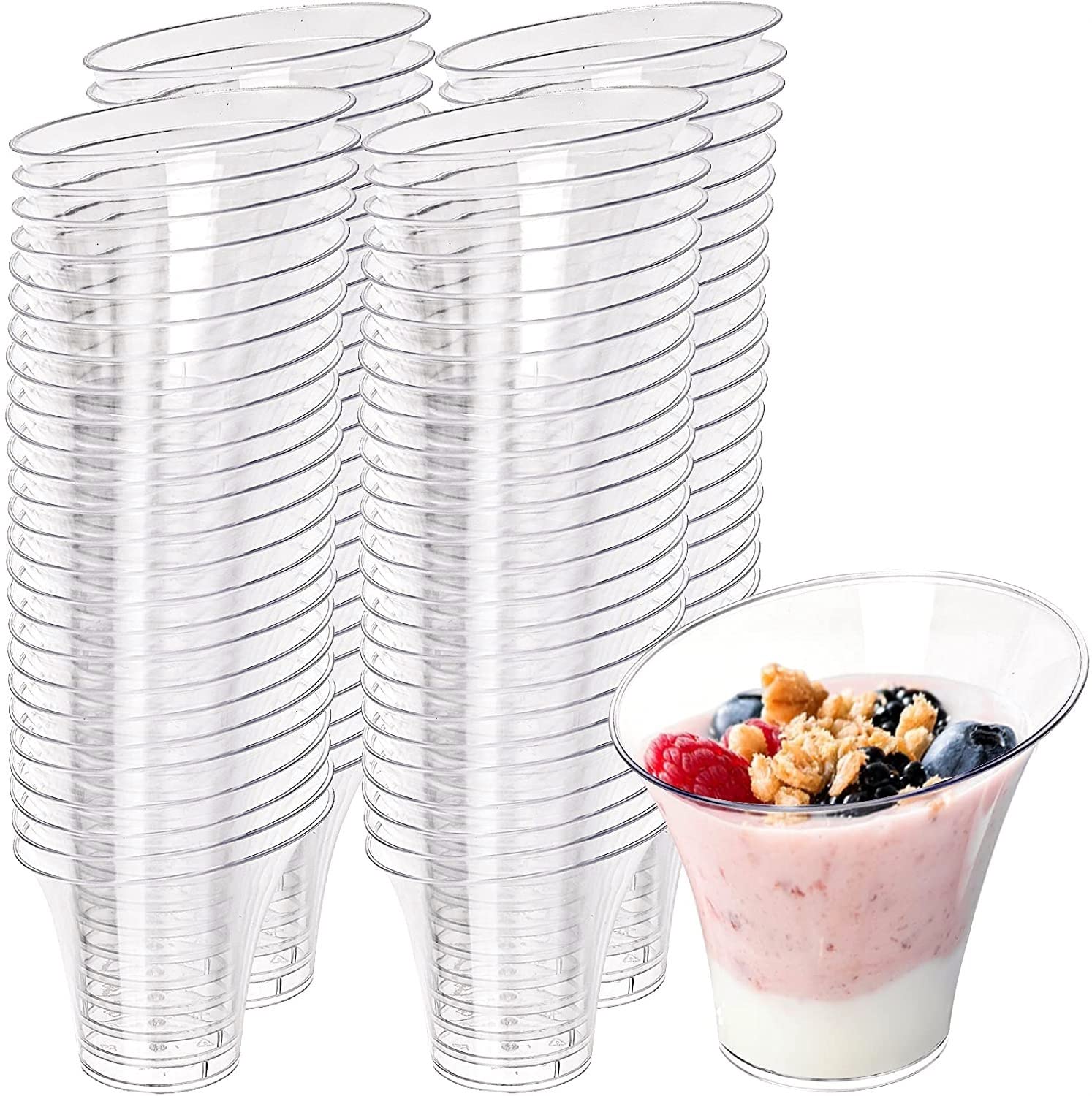 LATERN 50Pcs Plastic Dessert Cups, 180ml Slanted Round Dessert Cups Clear Parfait Appetizer Cup Reusable Serving Bowl for Dessert Pudding Mousse Party (7.6 x 6cm)