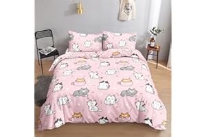 Datura home Kawaii Cat Duvet Cover Set Lovely Kitten Pink Print Printed Bedding Set with 2 Pillowcases for Boys Girls Teens Children Bedroom All Season,NO Comforter(Cat Pink Full)