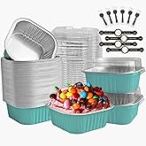 OBXMLFY Mini Cake Pans With Lids And Spoons 10 oz 50 Pack Individual Small Cake Aluminum Foil Pans Disposable Square Mini Brownie Baking Cupcake Liners Muffin Tin tins (Light blue, 10oz)