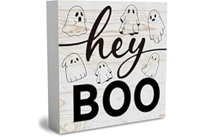 WRSUNT Rustic Hey Boo Ghost Halloween Wooden Box Sign Cute Fall Sign Decor Farmhouse Decorative Wood Box Sign Block Plaque for Wall Desk Home Bathroom Decoration 5 x 5 Inches
