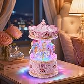 Mr.Winder Carousel Music Box with Lights, Wind-Up 3-Horse Musical Carousel Playing You are My Sunshine, Hand-Painted Resin Keepsake for Daughter, Granddaughter, Girls and Women