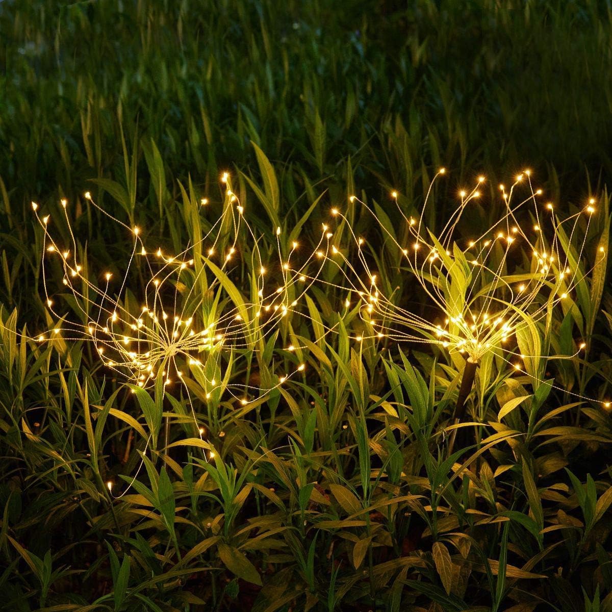 Outdoor-Garden-Decorative-Lights, Solar Firework Lights 105 LED-Powered 35 Copper Wires, DIY Flowers Fireworks Stars for Walkway Pathway Backyard Christmas Party Decor (Warm White 2 Pack)