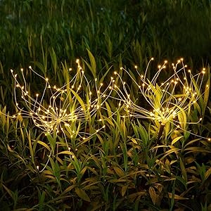 Outdoor-Garden-Decorative-Lights, Solar Firework Lights 105 LED-Powered 35 Copper Wires, DIY Flowers Fireworks Stars for Walkway Pathway Backyard Christmas Party Decor (Warm White 2 Pack)