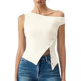 QINSEN Womens Off Shoulder Asymmetrical Tops Diagonal Button-up Closure Split Hem Cropped T Shirts Y2k Tank Top