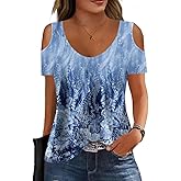 Soesdemo Women Summer Tops Scoop Neck Cold Shoulder Short Sleeve 2024 Loose Fit Basic Tee Shirts