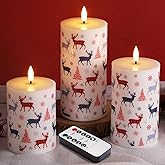 Girimax Christmas Flameless Pillar Candles with Remote, Red Buffalo Plaid Reindeer Holiday Decor, Xmas LED Candles Set of 3